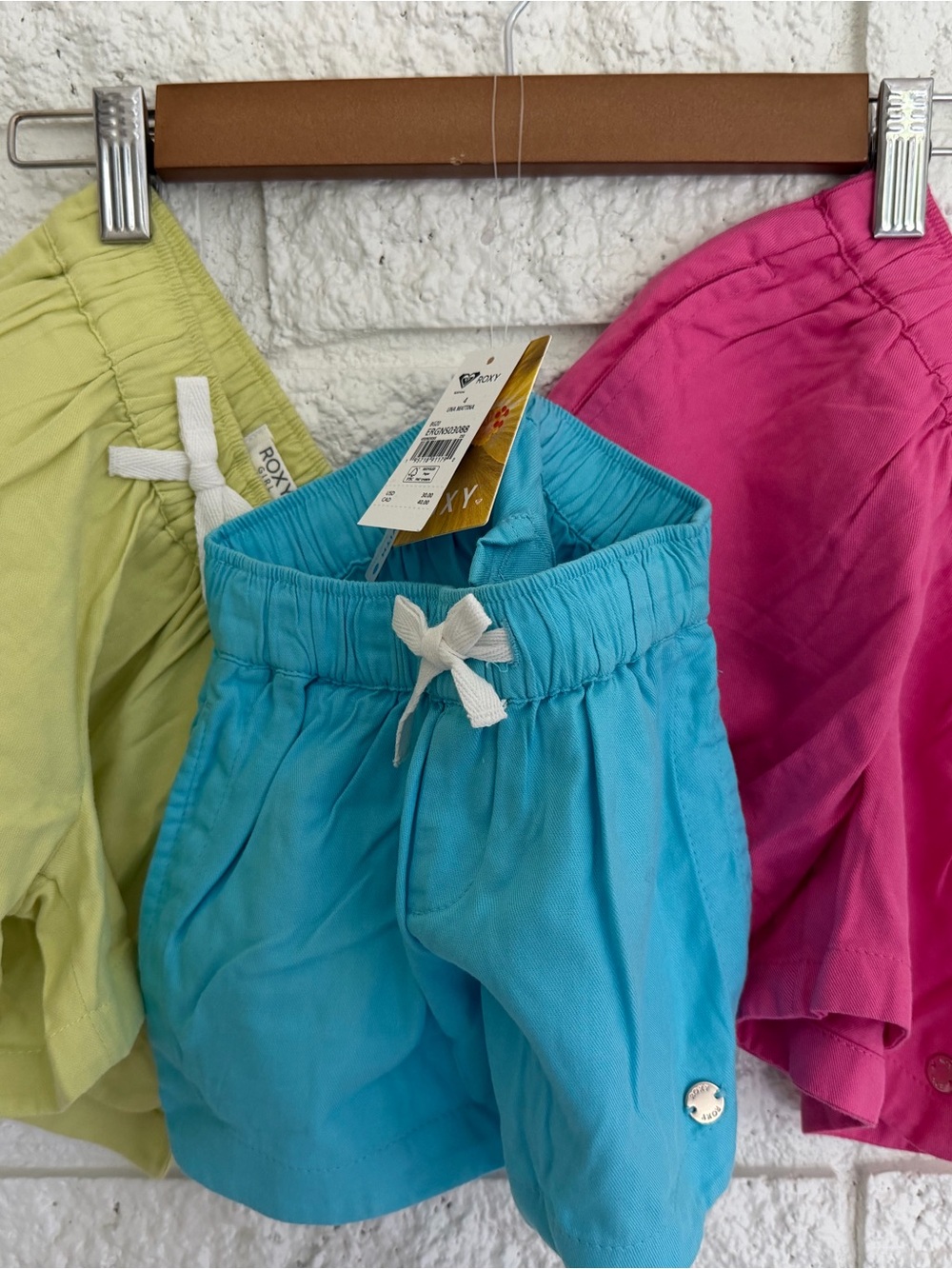 Roxy Girls' Una Mattina Bright Pink, Lime & Turquoise Elastic-Waist Shorts Trio - Picture 2 of 6